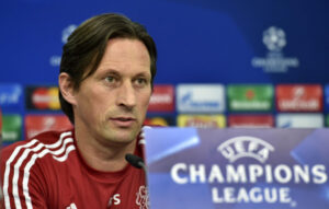 Leverkusen head coach Roger Schmidt talks to the media at a press conference prior the Champions League group E soccer match between Bayer Leverkusen and AS Roma in Leverkusen, Germany, Monday, Oct. 19, 2015. (ANSA/AP Photo/Martin Meissner)