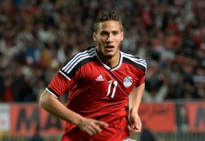 Egypt's Ramadan Sobhi celectats his goal against Nigeria during their African Cup of Nations group G qualification football match between Egypt and Nigeria at the Borg el-Arab Stadium in Alexandria on March 29, 2016. / AFP / KHALED DESOUKI (Photo credit should read KHALED DESOUKI/AFP/Getty Images)